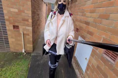 Exhibitionist hooker Flashing In A Fur Coat By A Busy Road