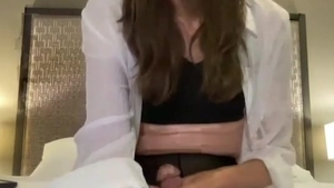 skinny brunette hair American sheboy In black pantyhose Strokes Her large penis