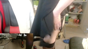 shelady Trap Sissy Femboy Crossdresser disrobe Masturbate cook jerking sperm In dark costume stockings Heels