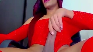 Purple-haired skinny latin chick tranny In Red stockings Strokes Her throbbing weenie On web camera
