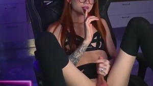 Redhead Skinny Russian Tattooed ladyman In Glasses Strokes Her Girly cock On webcam