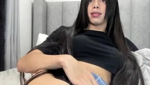 long black Hair Transgirl Tugs Her large ramrod On webcam