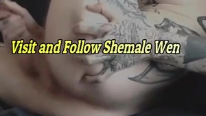 nice-looking scones Trans Lady With Full Tattoos Strokes Her dirty cock On webcam