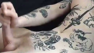 nice-looking scones Trans Lady With Full Tattoos Strokes Her dirty cock On webcam