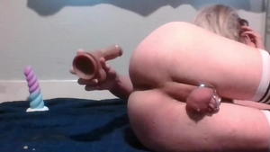 fake penis Makes Caged Sissy shoot Precum