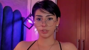 Short Haired legal age teenager latin chick Tattooed shemale In Glasses And lingerie Masturbates With A fake penis