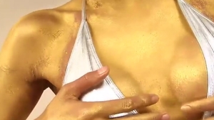 slim Ladyboy In Golden Body Paint strips And Strokes Her large 10-Pounder