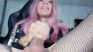 Pink Haired Trans babe In pantyhose Jerks Off Her big cock On cam